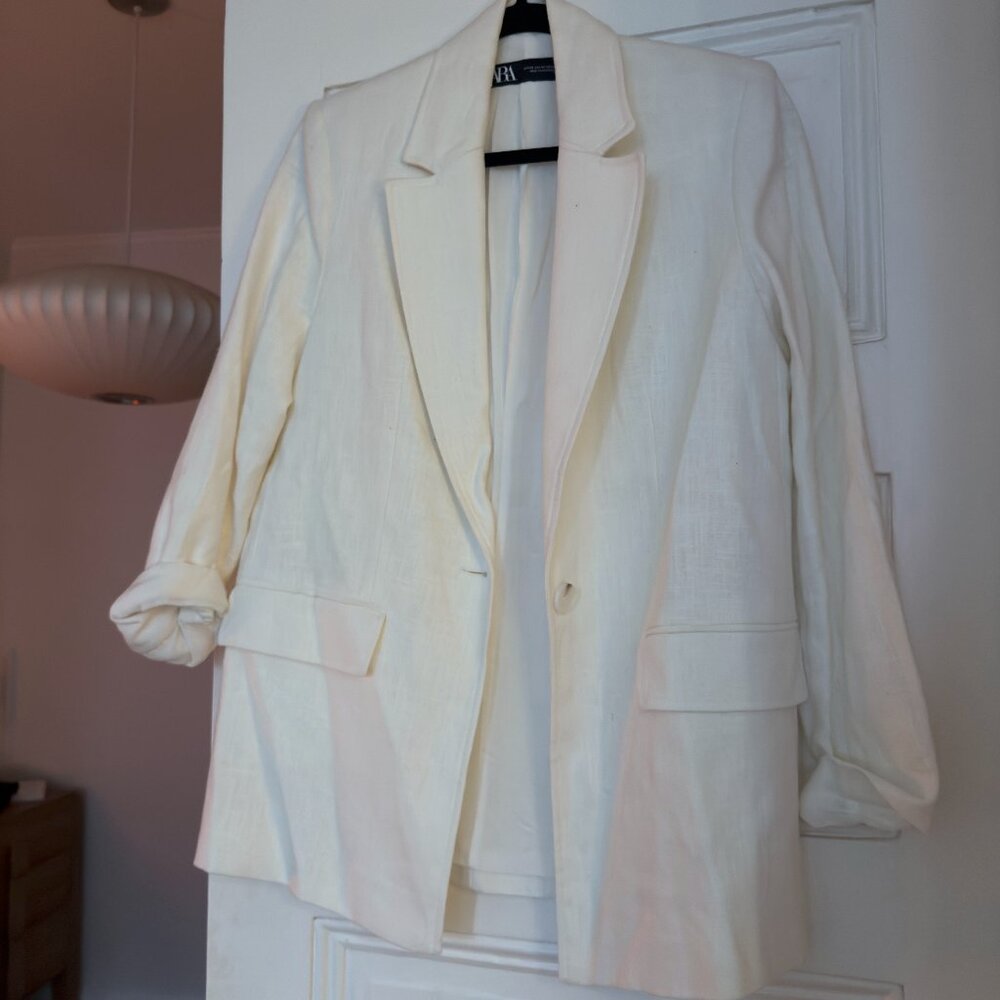 NWOT Zara oversized button front off white linen blazer jacket